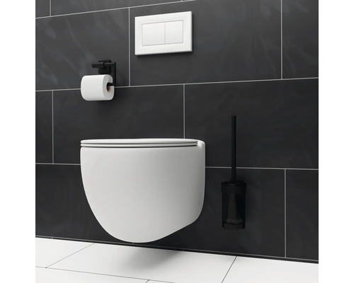 Wandcloset met toiletborstel, reservoir en toiletpapierhouder in een badkamer