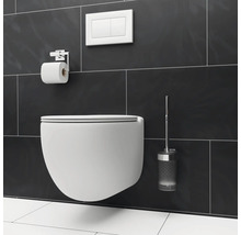 Wandhangend toilet met toiletpapierhouder, bedieningspaneel en toiletborstel voor een donkere tegelachtergrond.