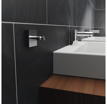 Wastafel met kraan en handdoekhaak in moderne badkamer
