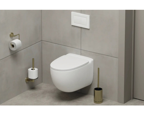 Moderne badkamer met wandcloset, bedieningspaneel, toiletpapierhouder en toiletborstel