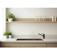 Keuken spoelbak met kraan, werkblad en planken met decoratie