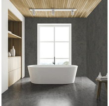 Moderne badkamer met vrijstaand bad, houten plafond en stenen muren voor een heldere en georganiseerde sfeer.
