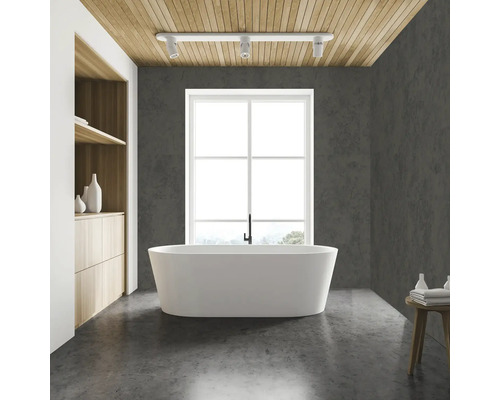 Moderne badkamer met vrijstaand bad, houten plafond en stenen muren voor een heldere en georganiseerde sfeer.