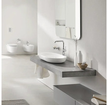 Moderne badkamer met wastafel, opzetwastafel, spiegelkast, toilet en bidet.