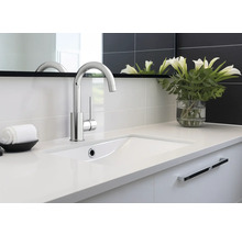 Moderne badkamer met wastafel, kraan en decoratieve elementen