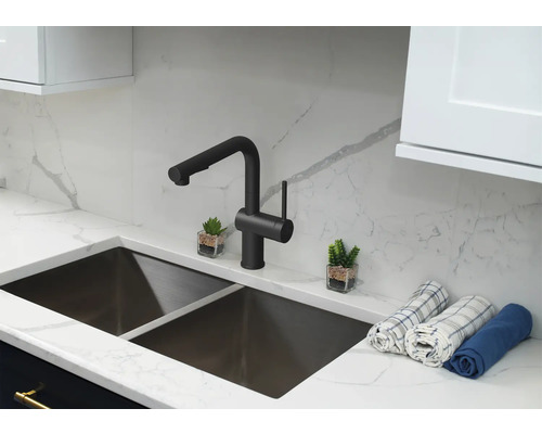 Spoelbak met twee bakken, kraan en decoratie op een werkblad