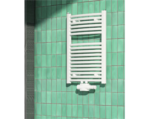 ROTHEIGNER Designradiator Swing midden onder aansluiting 69x44,5 cm Witte handdoekradiator is aan de muur gemonteerd.