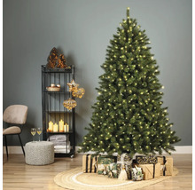 Kerstboom met verlichting en cadeaus in een feestelijk ingerichte woonkamer.
