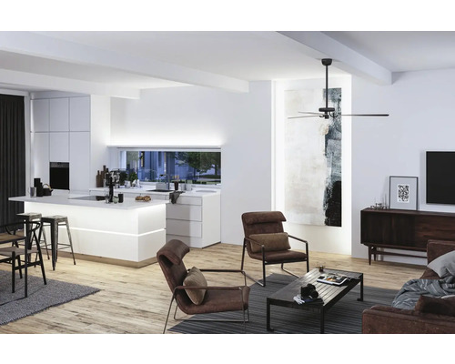 Open woonkamer met keuken, fauteuils en plafondventilator