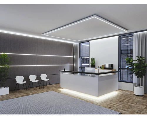 Receptie met ontvangstbalie, stoelen en verlichting