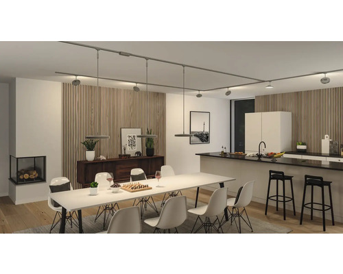 Lichte woonkamer met eettafel, stoelen, kookeiland en railsysteem met lampen