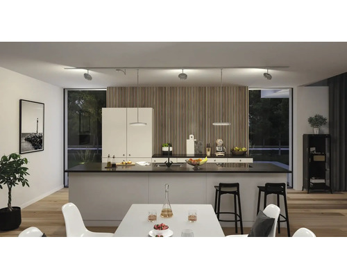 Moderne keuken met kookeiland, eettafel en railsysteem met spots