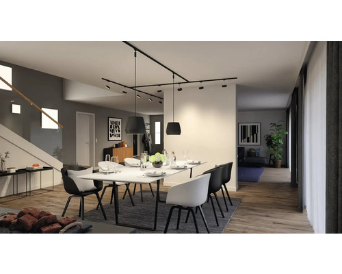 Eetkamer met eettafel, stoelen, vloerkleed en verlichtingssysteem