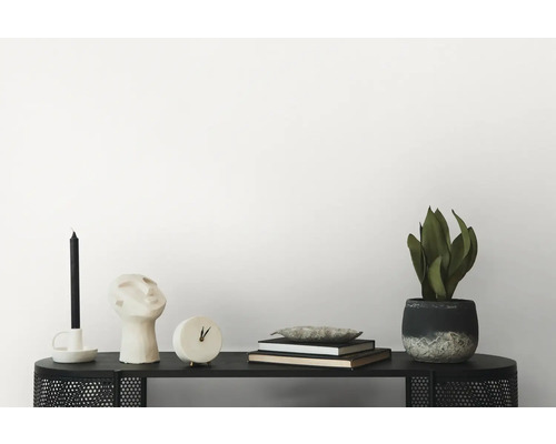 Decoratieve scène op een zwarte plank met kaars, hoofdsculptuur, klok, boeken en kamerplant.