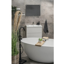 Moderne badkamer met vrijstaand bad, wastafel, spiegel en decoratie