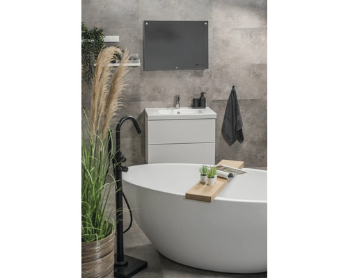 Moderne badkamer met vrijstaand bad, wastafel, spiegel en decoratie
