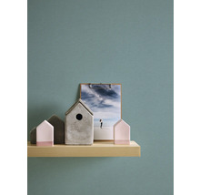 Decoratieve huisjes en een klembord met een foto op een houten plank