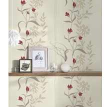 Behang met bloemmotief in rood en beige