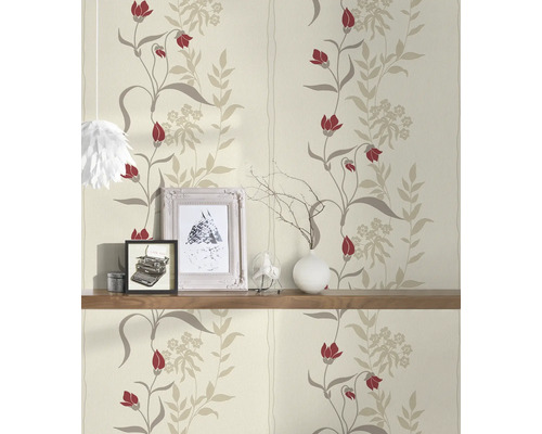 Behang met bloemmotief in rood en beige