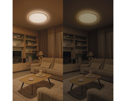 Woonkamer met plafondlamp met instelbare lichtkleur