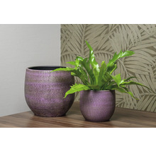 Twee keramische plantenbakken op een tafel met een kamerplant