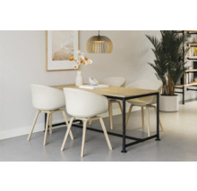 Eetkamer met eettafel, stoelen en hanglamp.