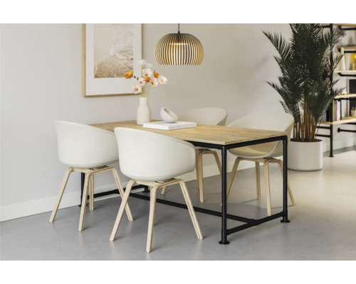 Eetkamer met eettafel, stoelen en hanglamp.