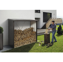 Houtopslag met brandhout en man die hout hakt in de tuin.