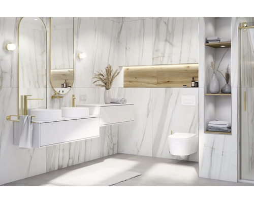 MIRAVA Wand- en vloertegel LUCCA Bianco goud mat 120 x 120 x 0,9 cm gerectificeerd Moderne badkamer met dubbele wastafel, spiegel, toilet en rekken