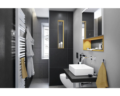 Wand- en Vloertegel Cementine antraciet 59,7x59,7 cm gerectificeerd Moderne badkamer met wastafel, toilet en handdoekradiator