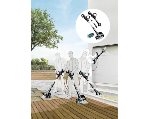 Illustratie van een elektrische borstel voor het reinigen van oppervlakken buitenshuis.