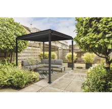 Terras met moderne pergola, zithoek en planten