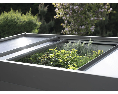 Verhoogde tuinbak met kruiden en een gedeeltelijk geopend deksel