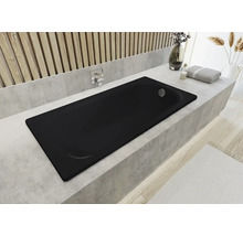 Zwarte badkuip in een modern ontworpen badkamer.