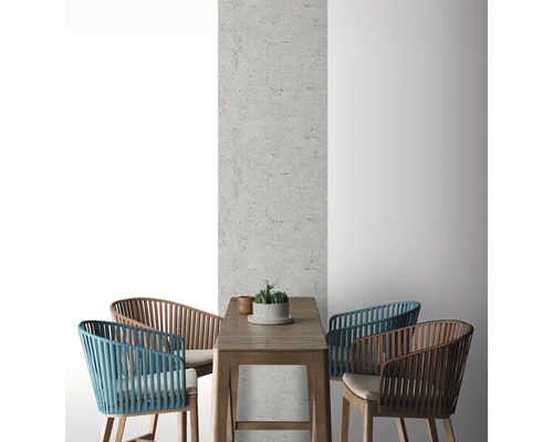 Scène met eettafel en stoelen voor een accentmuur