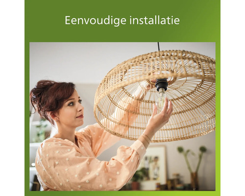 Vrouw installeert een gloeilamp in een hanglamp van rotan