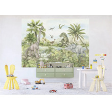 Kinderkamer met dinosaurusbehang, commode en speelgoed