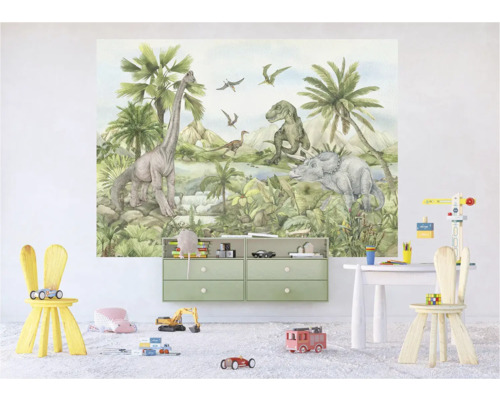 Kinderkamer met dinosaurusbehang, commode en speelgoed