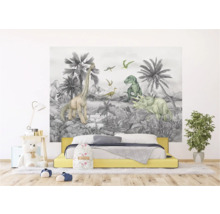 Kinderkamer met fotobehang van dinosaurussen, geel bed en decoraties