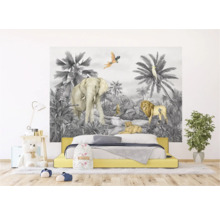 Fotobehang met jungle motief, olifant, leeuwen en palmen in de kinderkamer