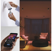 Sfeerbeeld: persoon verwisselt een lamp in een wandlamp, smartphone met app-bediening, woonkamer met plafondlampen.