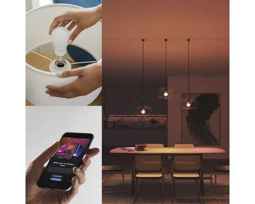 Persoon schroeft een slimme lamp in een lamp en bedient deze met een app.