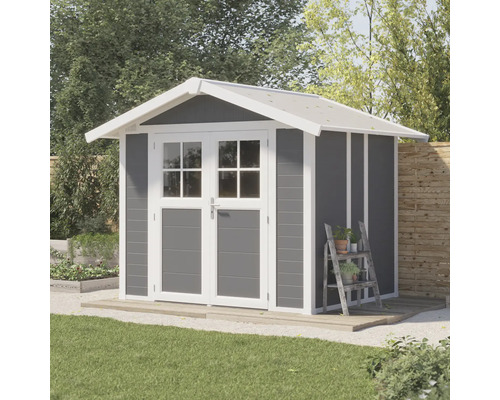 Tuinhuis met dubbele deur en zadeldak op gazon