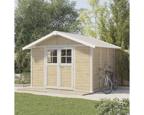 Houten tuinhuis met dubbele deur en fiets