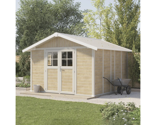 Houten tuinhuis met dubbele deur en zadeldak in de tuin