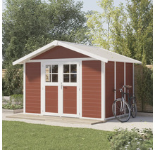 Houten tuinhuis met dubbele deur en fiets