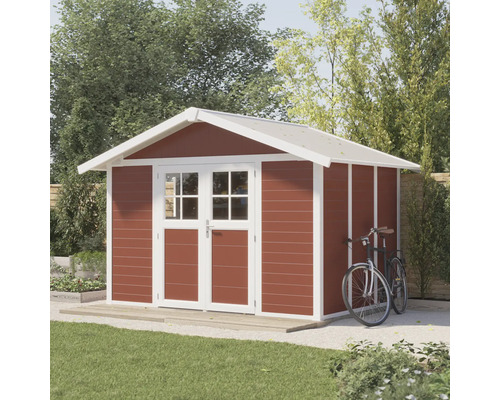 Houten tuinhuis met dubbele deur en fiets