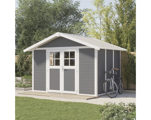 Tuinhuis met dubbele deur en fiets in de tuin