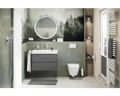 Wand- en vloertegel Noblesse groen 60x120 cm Moderne badkamer met wastafel, spiegel, toilet en radiator