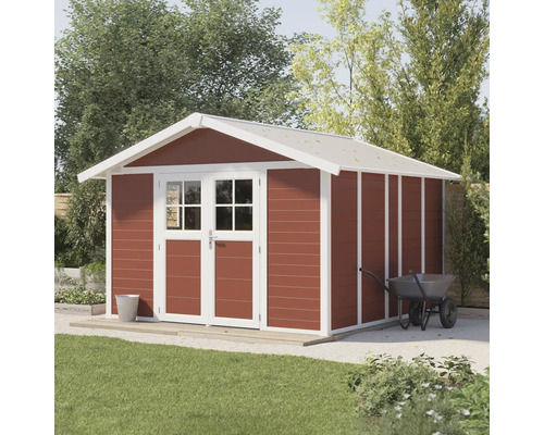 Tuinhuis met dubbele deur en zadeldak in de tuin